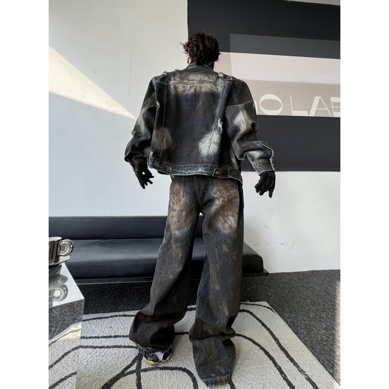 Painting Do The Old Cowboy Jacket Ripped Denim Trousers Men Loose Outfit - Vintage Western Set