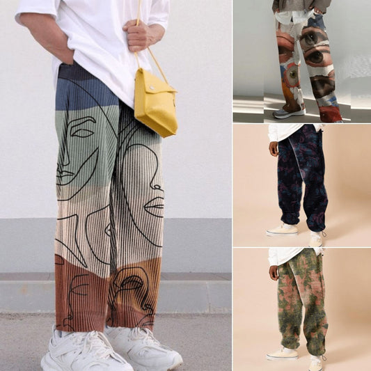Men's Loose Casual Trousers - Adult Mid Waist Printing Long Pants