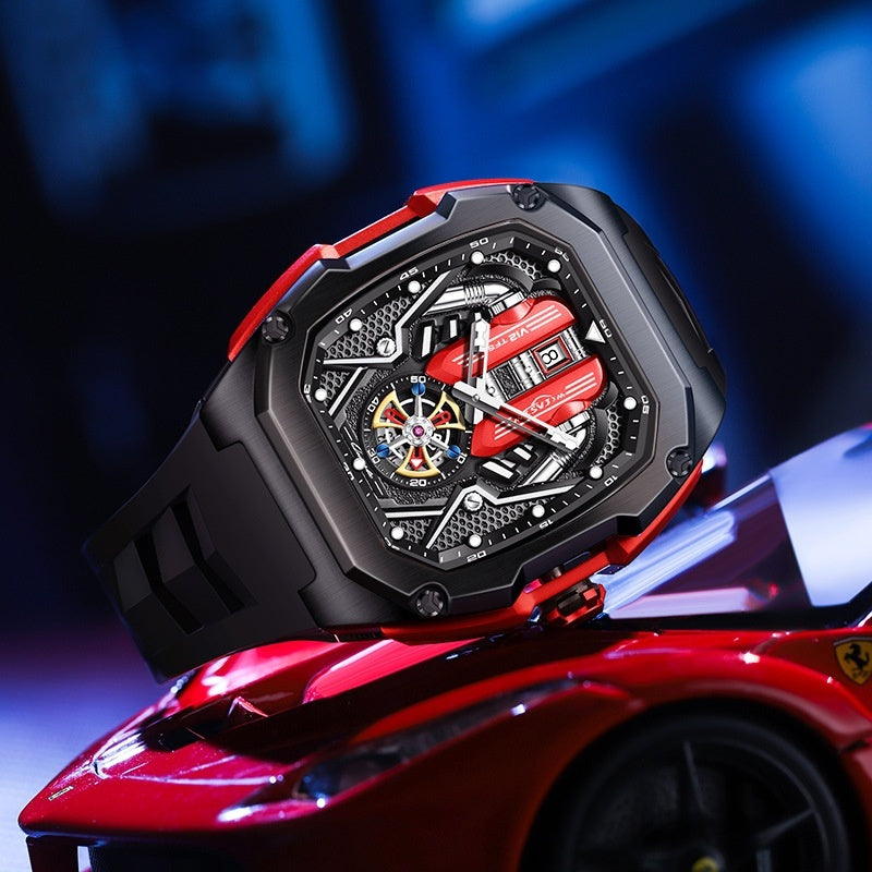 Men's High-Grade Tonneau Quartz Watch - Waterproof Luminous 3D Hollow Design