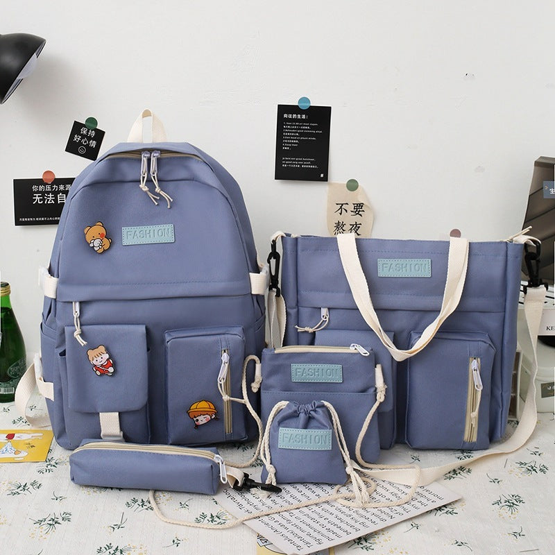 College Students' Backpack Five-piece Contrast Color Canvas School Bag