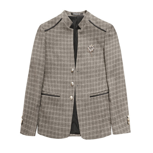 Gray checkered blazer with a brooch on a white background