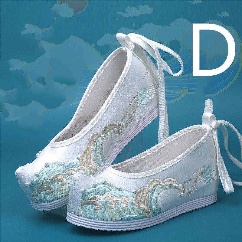 Beaded Hanfu Embroidered Shoes With Wedge Heel Increased And Alice Head