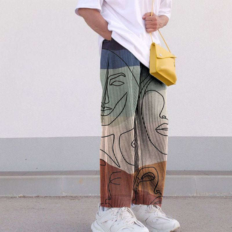 Men's Loose Casual Trousers - Adult Mid Waist Printing Long Pants