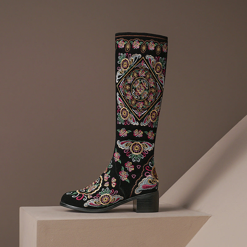 Frosted Embroidery Flower High Boots Female