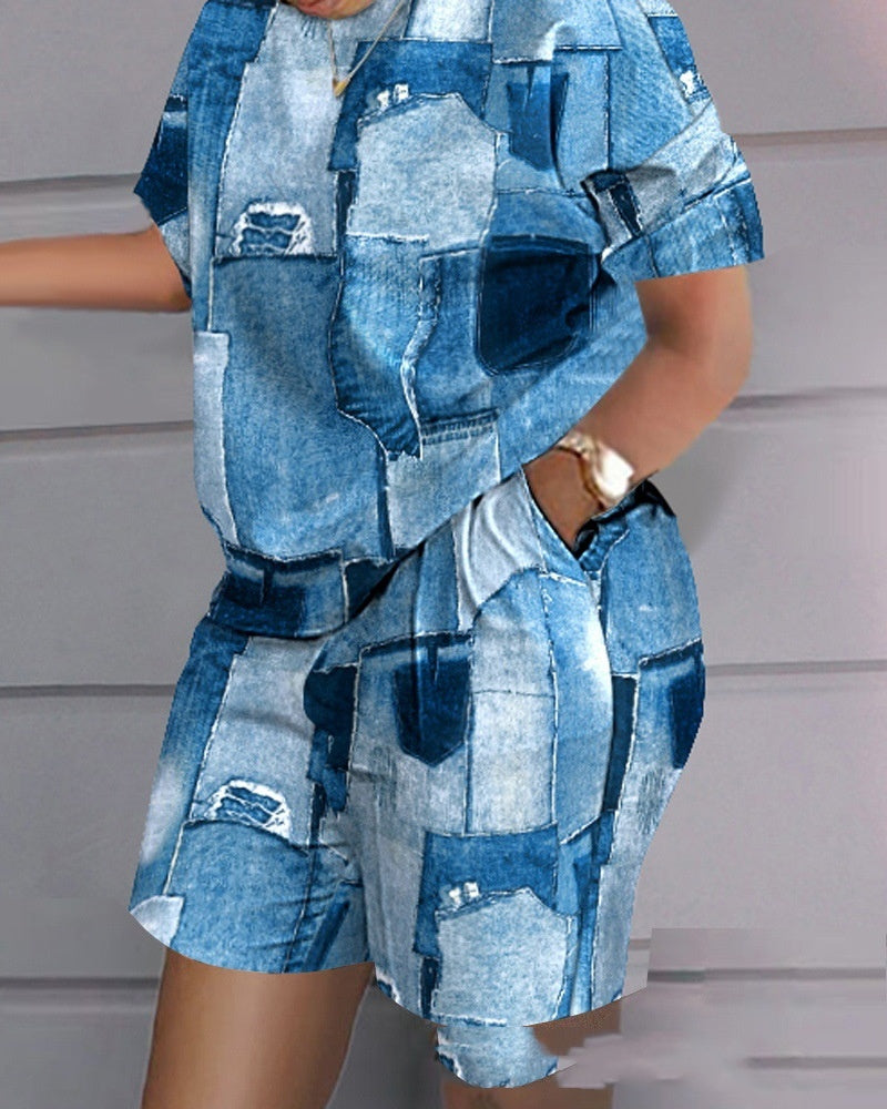 Casual Printing Color Contrast Short Sleeve Two-piece Set