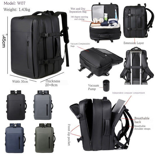 Black backpack with features labeled and measurements shown