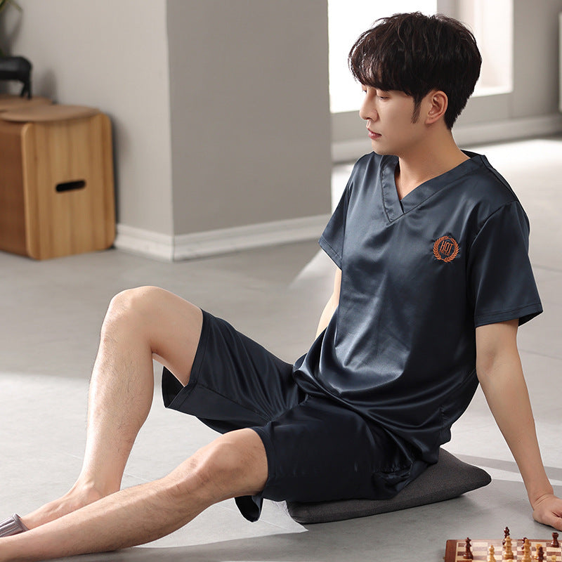 Men's Ice Silk Pajama Suit - Adult Short-Sleeve Shirt & Shorts Homewear