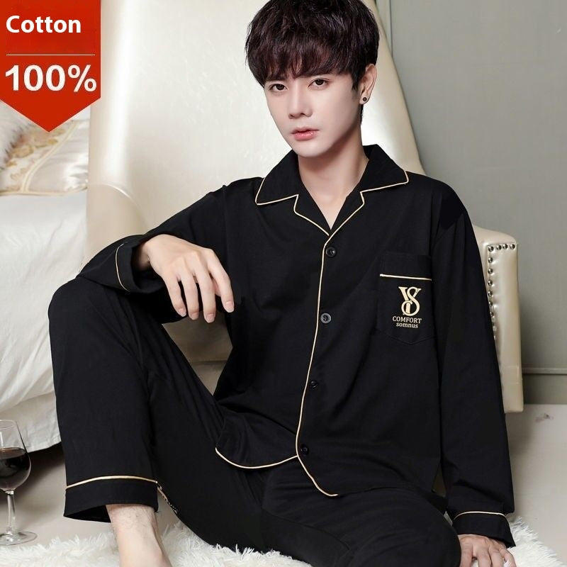 Men's Cotton Pajama Suit - Adult Autumn Winter Long-Sleeve Home Wear
