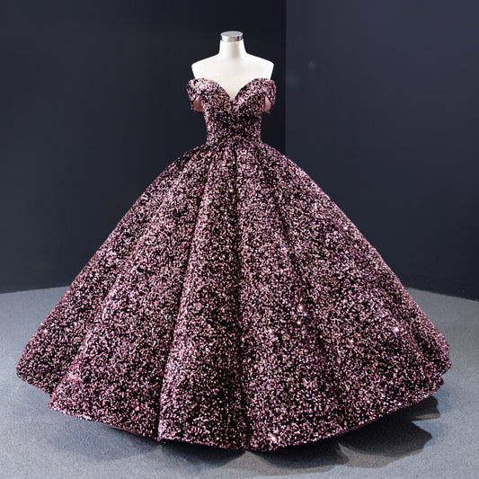 Paillette Sequined Lace Sleeveless Belt-Detail Ball Gown Wedding Dress