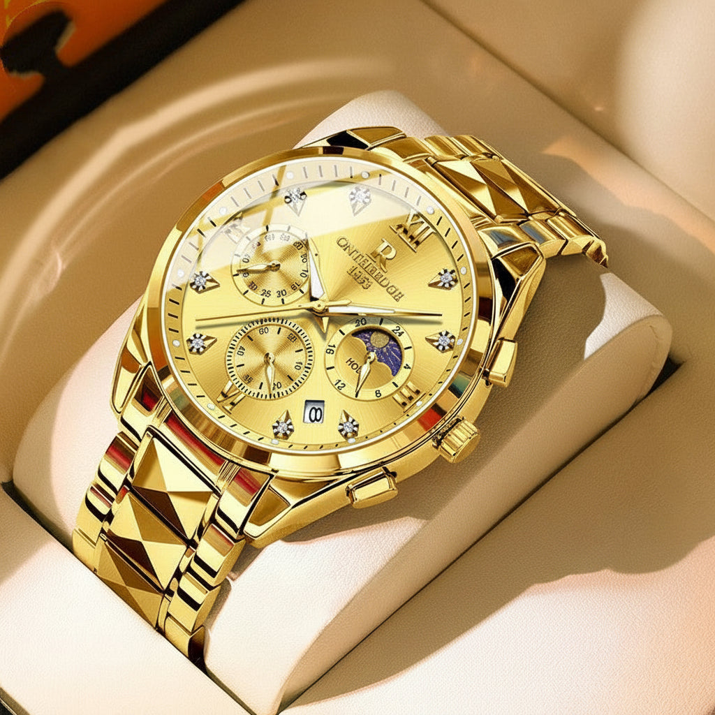 Gold wristwatch with a detailed face on a beige surface, featuring a brand tag.