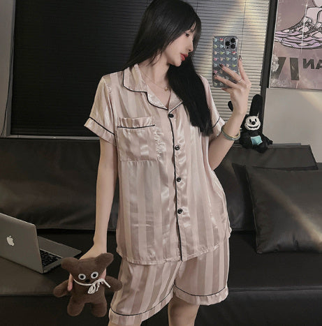 Women's Ice Silk Pajama Set - Adult Long Sleeve Home Sleepwear