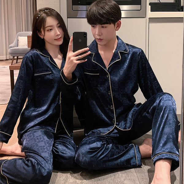Couple Ice Silk Pajamas Women's Summer Artificial Silk Pajamas Men's Spring And Autumn Thin Plus-sized Size Homewear Suit