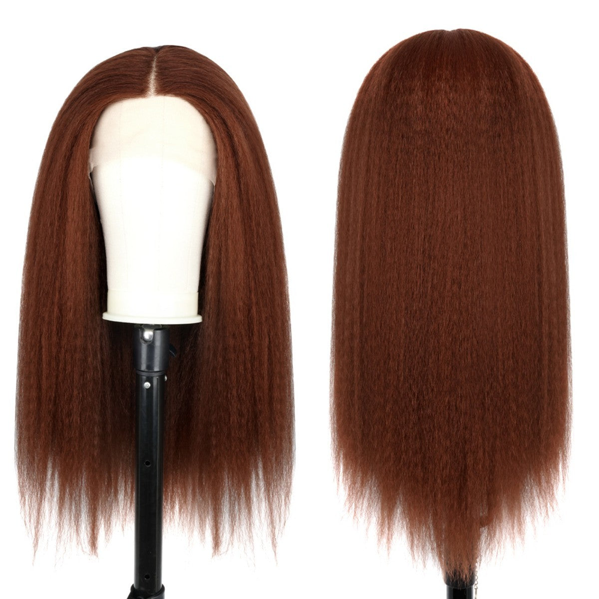 Brown wig on a mannequin head with a close-up of the hair on a white background