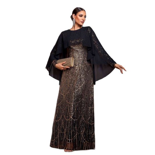 Women's Long-Sleeve Round-Neck Sequined High-Waist Maxi Evening Gown | Black Gold | S–XL