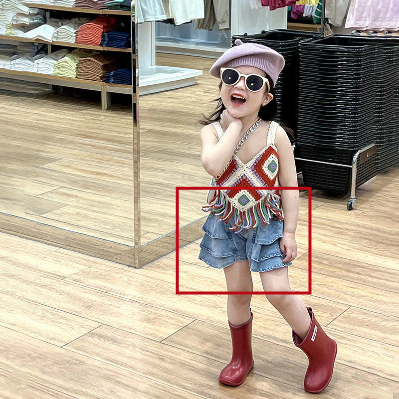 Girls' Hollow Knitted Short Tassel Camisole National Style Top Thin Cake Shorts Two-piece Set
