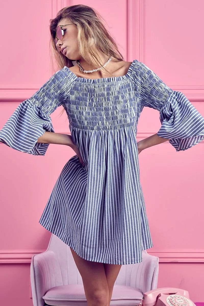 BiBi Smocked Off Shoulder Striped Dress - Millivan supplies