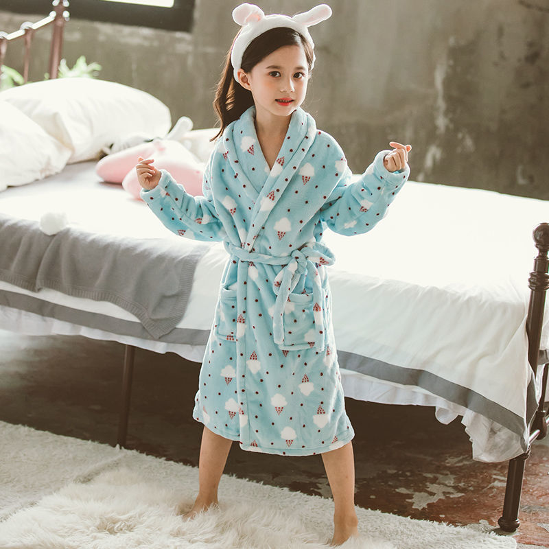 Girls Flannel Nightgown - Thickened Winter Pajamas with Cute Bear Design