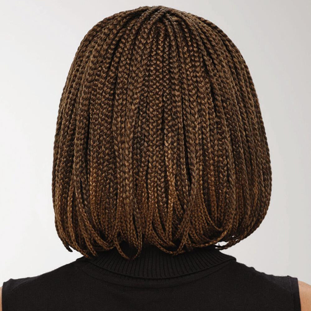 Back view of a person with a brown bob haircut on a plain background