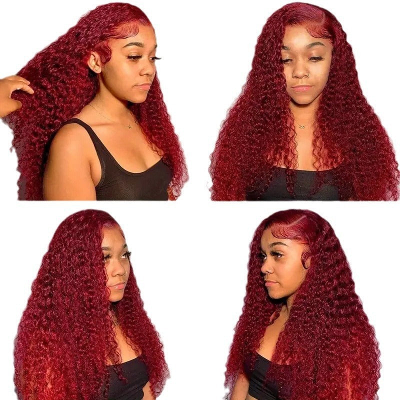 Women's Wine Red Afro Wig - Front Lace Small Roll Synthetic Hair Multiple Lengths