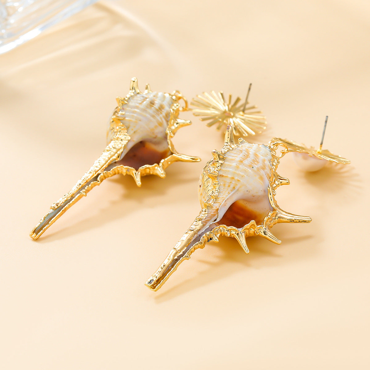 Conch Earrings European And American Exaggerated Alloy Inlaid Pearl SUNFLOWER Bohemian