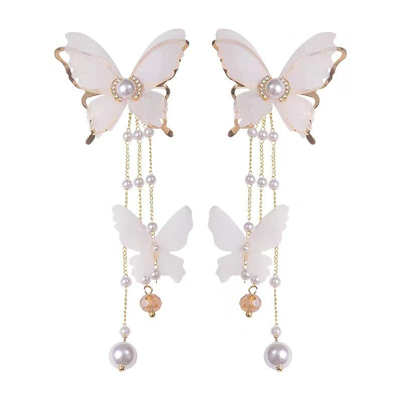 Women's Butterfly Tassel Lace Pearl Rhinestone Earrings - Adult Fashion Jewelry
