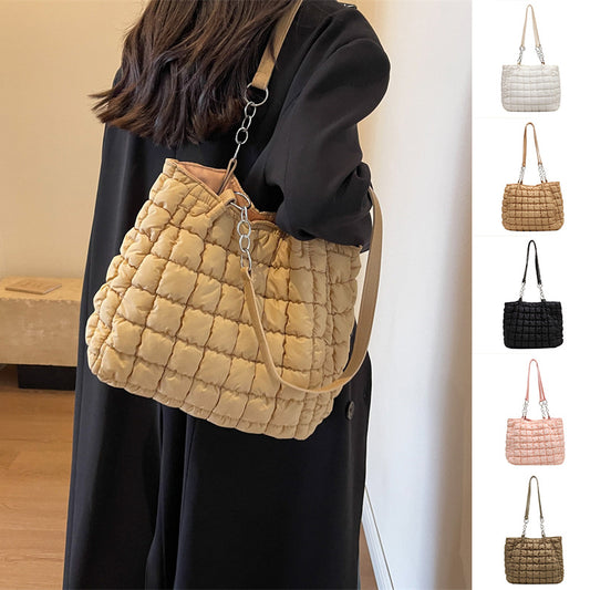 Chain Plaid Down Handbag - Bubble Designer Tote