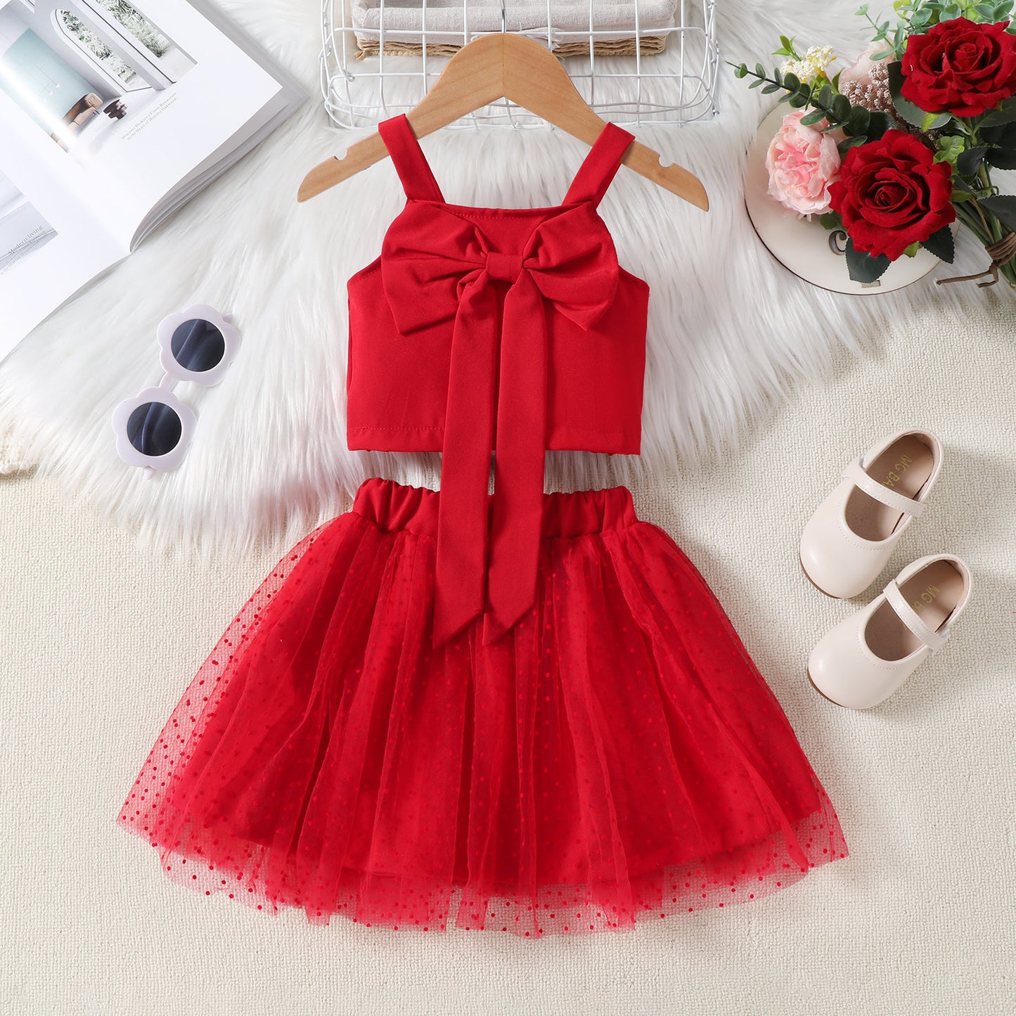 Summer New Girls' Suit Strappy Bow Top With Tulle Skirt Two-piece Set