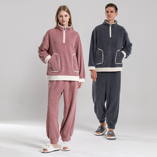 Fashionable Simple Waxberry Velvet Warm Outerwear Couple Pajamas - Matching Set