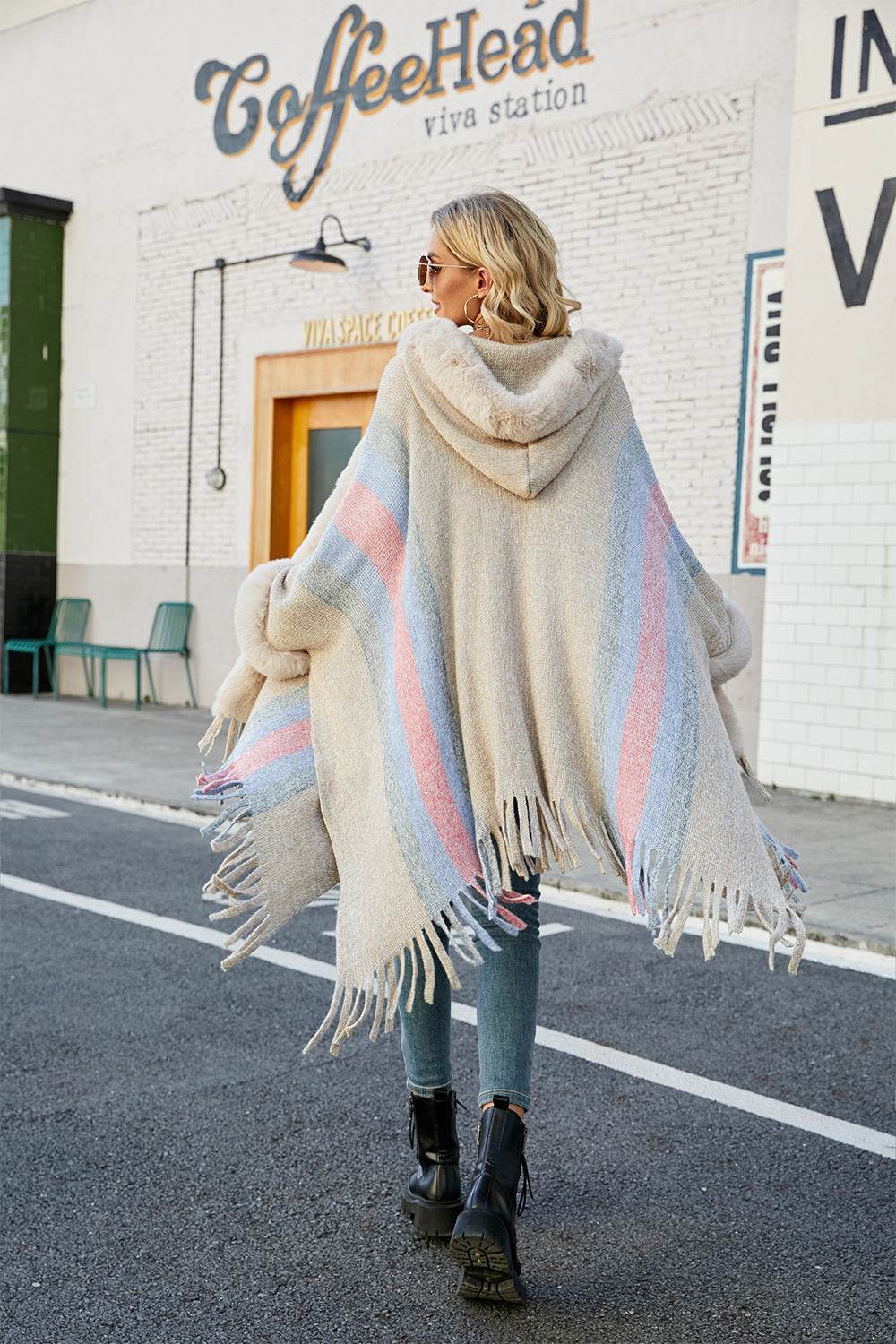Color Block Fringe Detail Poncho - Millivan supplies