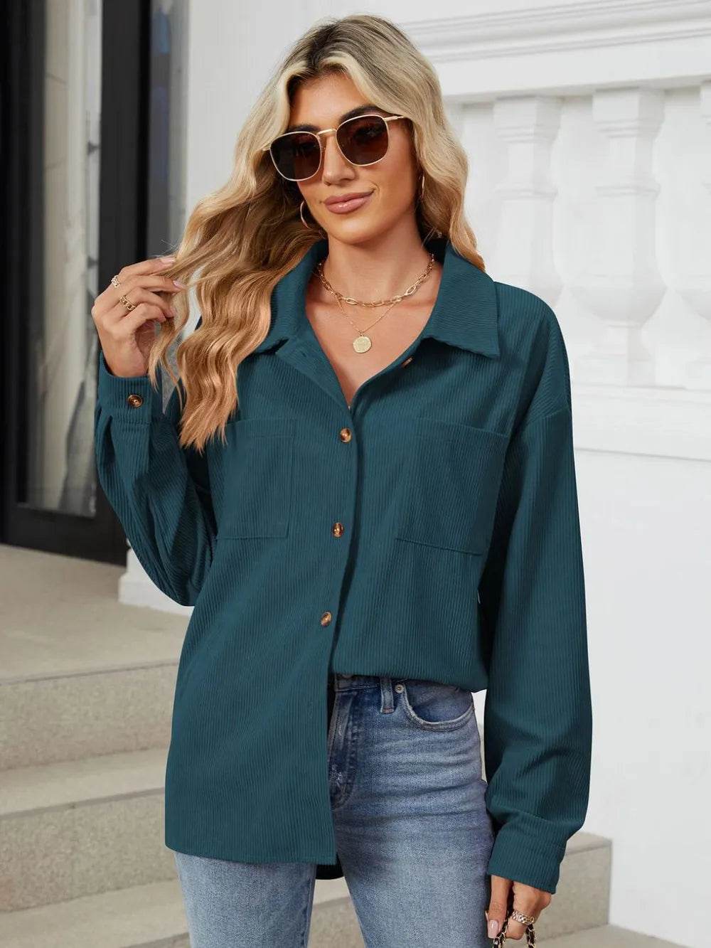 Button Up Dropped Shoulder Long Sleeve Outerwear - Millivan supplies