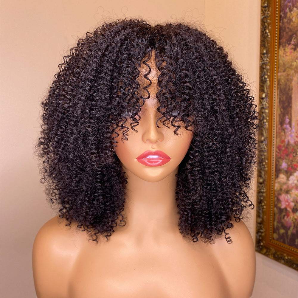Women's Textured Curly Human Hair Wigs - Adult Natural Wigs With Bangs