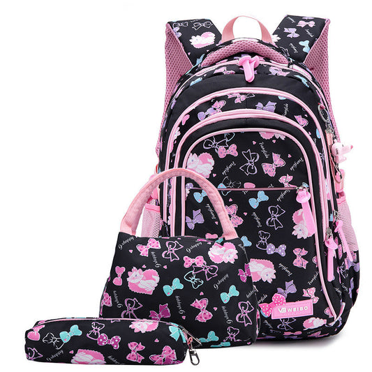 Backpack with pink and black design on a white background