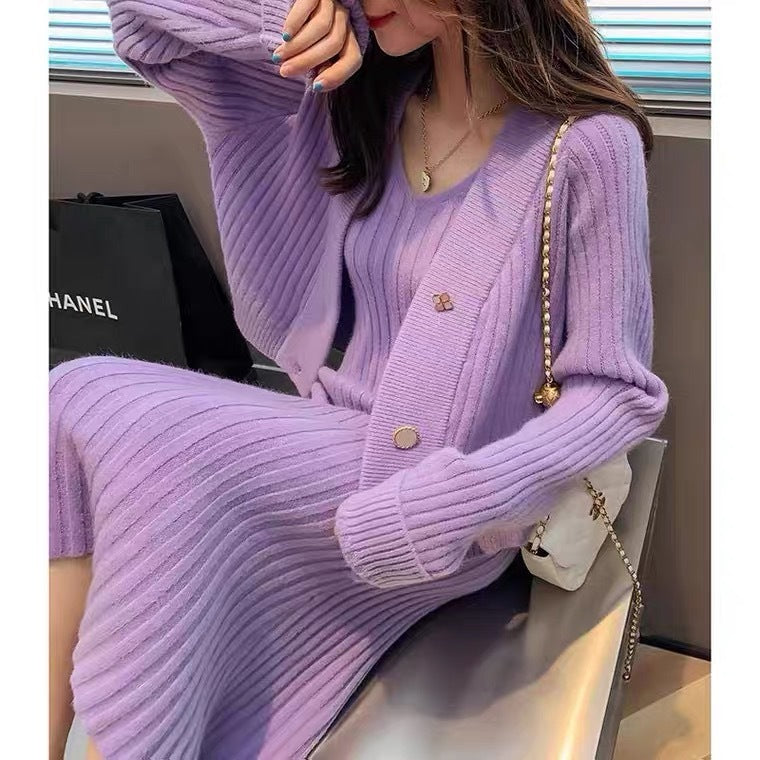 Fashion Women's Solid Color Sweater Suit Skirt