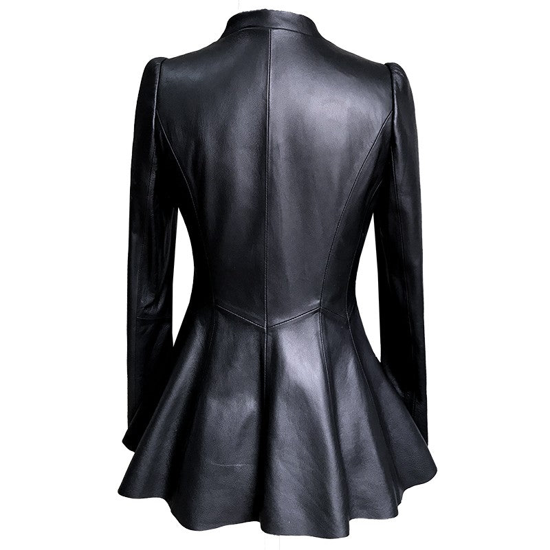 Black faux leather long-sleeve jacket with a structured peplum hem, shown from the back on a white background.