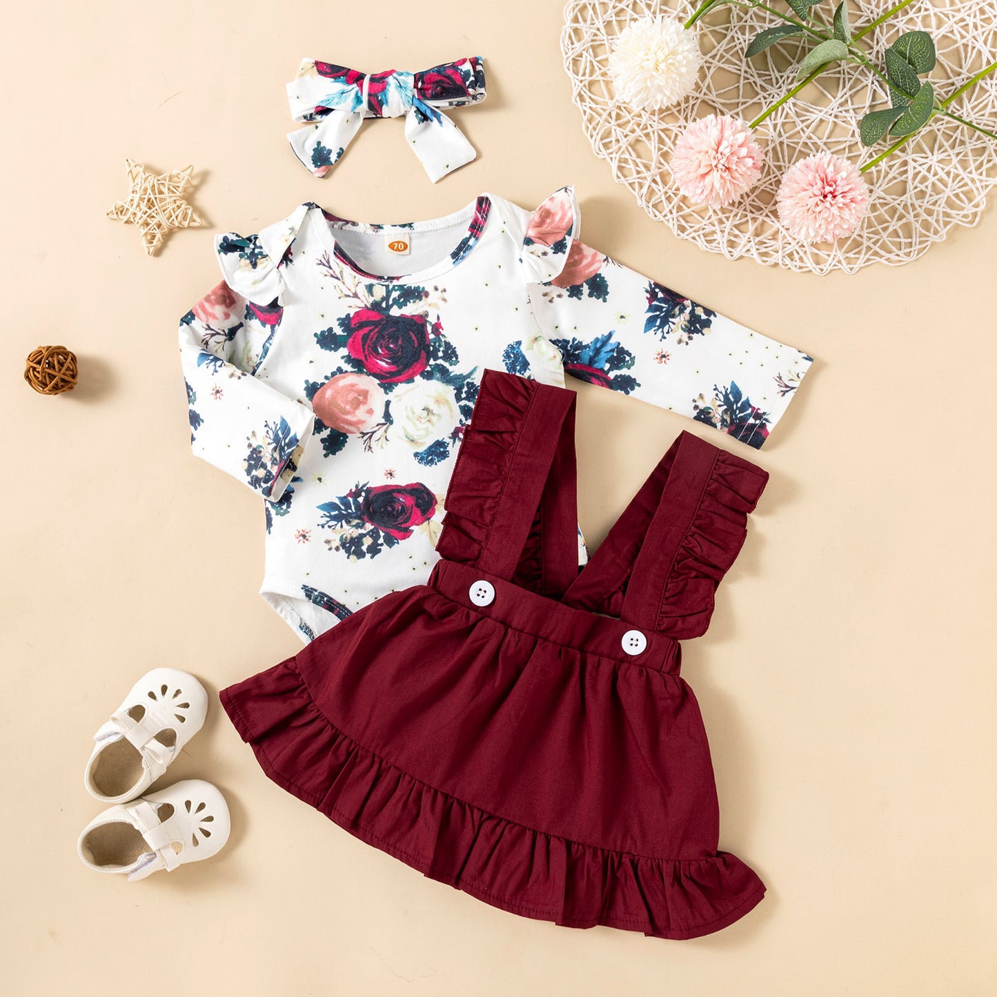 Printed Long-sleeved Baby Girl Romper, Two-color Strap Ruffled Dress Headdress, Three Pieces