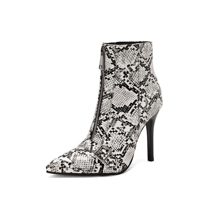 Women's Belt Buckle High Heel Boots - Front Zipper Ankle Boots