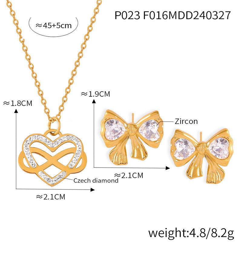 Diamond Bow Earrings Hollow Titanium Steel Necklace