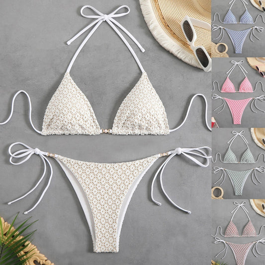 White floral bikini set on a gray background with small inset images of different bikini styles.