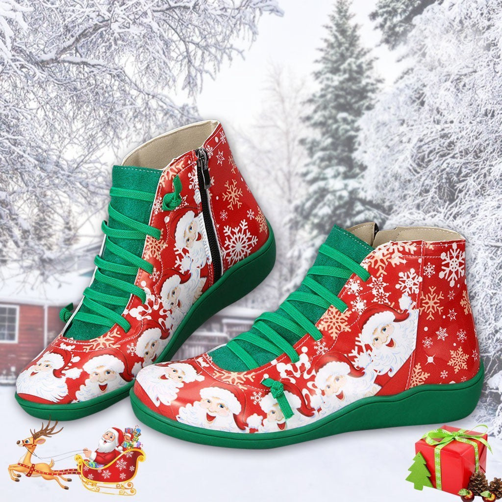 Christmas-themed high-top sneakers with Santa Claus and snowflakes on a snowy background