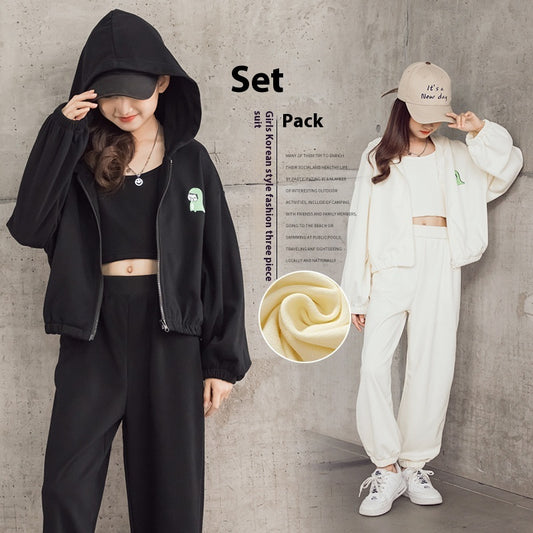 Korean Style Zip-up Shirt, Casual Pants, Three-piece Children's Sportswear