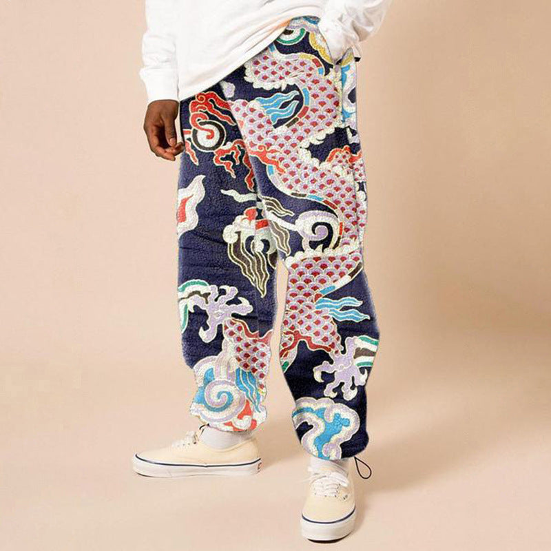 Men's Loose Casual Trousers - Adult Mid Waist Printing Long Pants