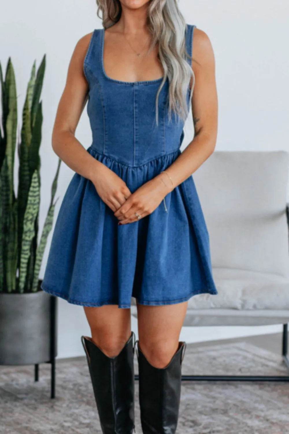 V-Back Bow Tie Denim Skater Dress - Millivan supplies