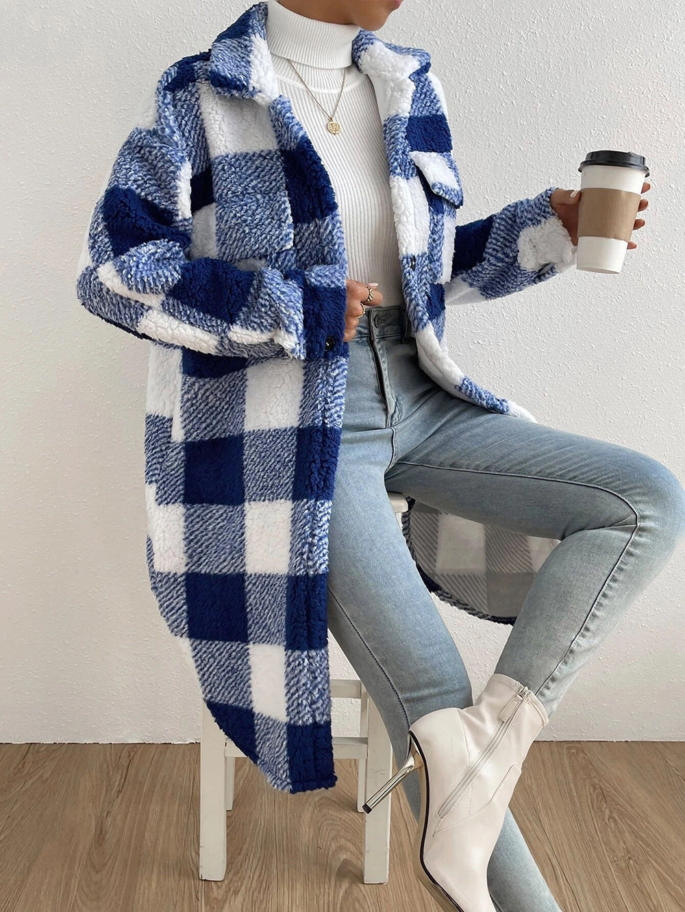 Button Lapel Plush Plaid Coat Loose - Women's Checkered Polyester Jacket 80cm