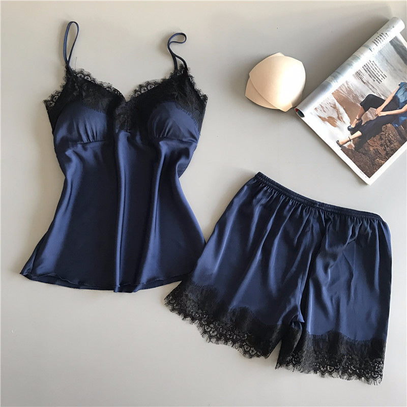 Women's Silk Loungewear Two-Piece Set - Adult Sling Ice Ribbon Chest Pad