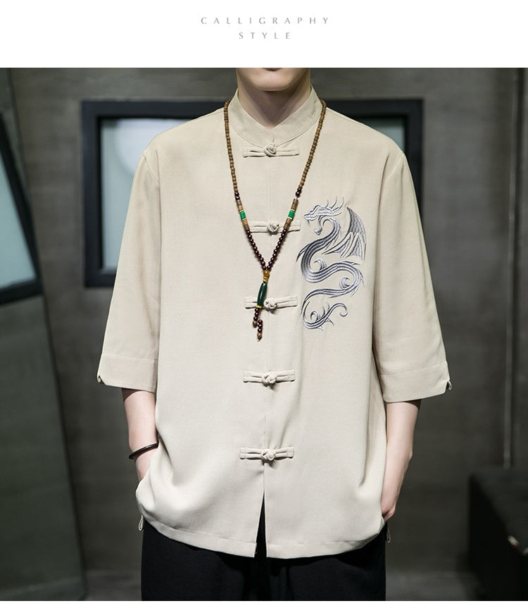 Men's Ice Silk Hanfu Shirt - Adult Three-quarter Sleeve Yellow Green