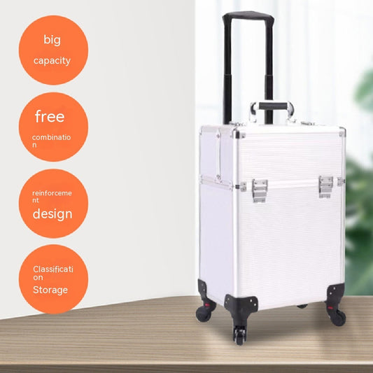 White suitcase with black wheels and handle on a wooden surface, with orange circular text labels on the left.