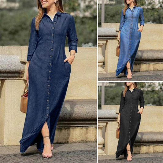 Womens Casual Button Down Denim Maxi Dress Long Sleeve Long Jean Dresses With Pockets - Millivan supplies