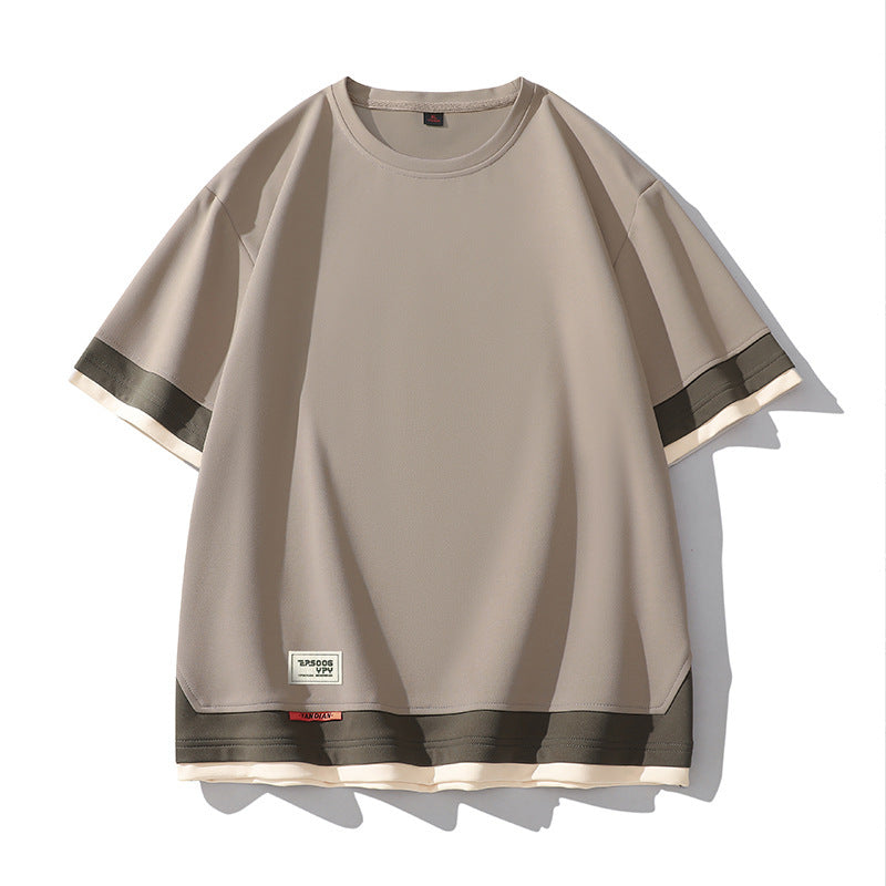 Men's Japanese Color Matching Three-Piece Shirt - Adult Short Sleeve Stitching Design
