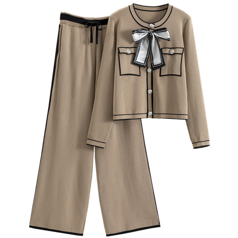 Women's Fashion Business Knitted Cardigan Wide-leg Pants Two-piece Set
