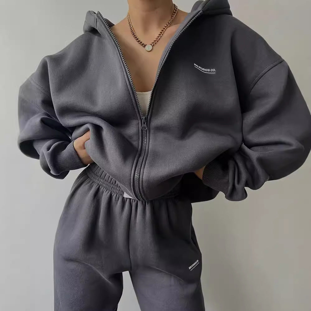 Women's Long Sleeve Fleece Pullover Trousers Fashion Printed Hooded Suits - Cozy Set
